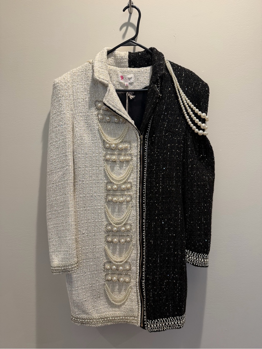 Two-Tone Black & White Pearl-Trim Tweed Blazer Jacket